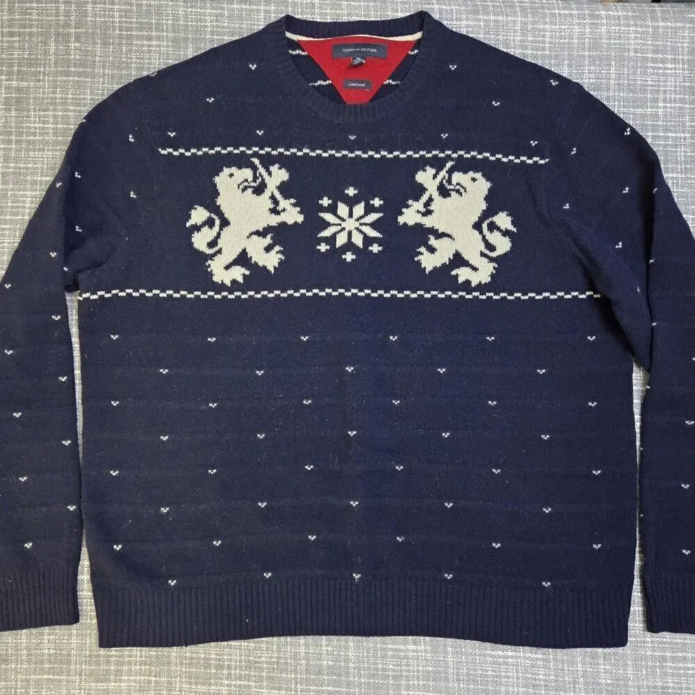 VGT Tommy Hilfiger Lambswool Crewneck Sweater Men's XXL Heraldic Lion Navy/Cream